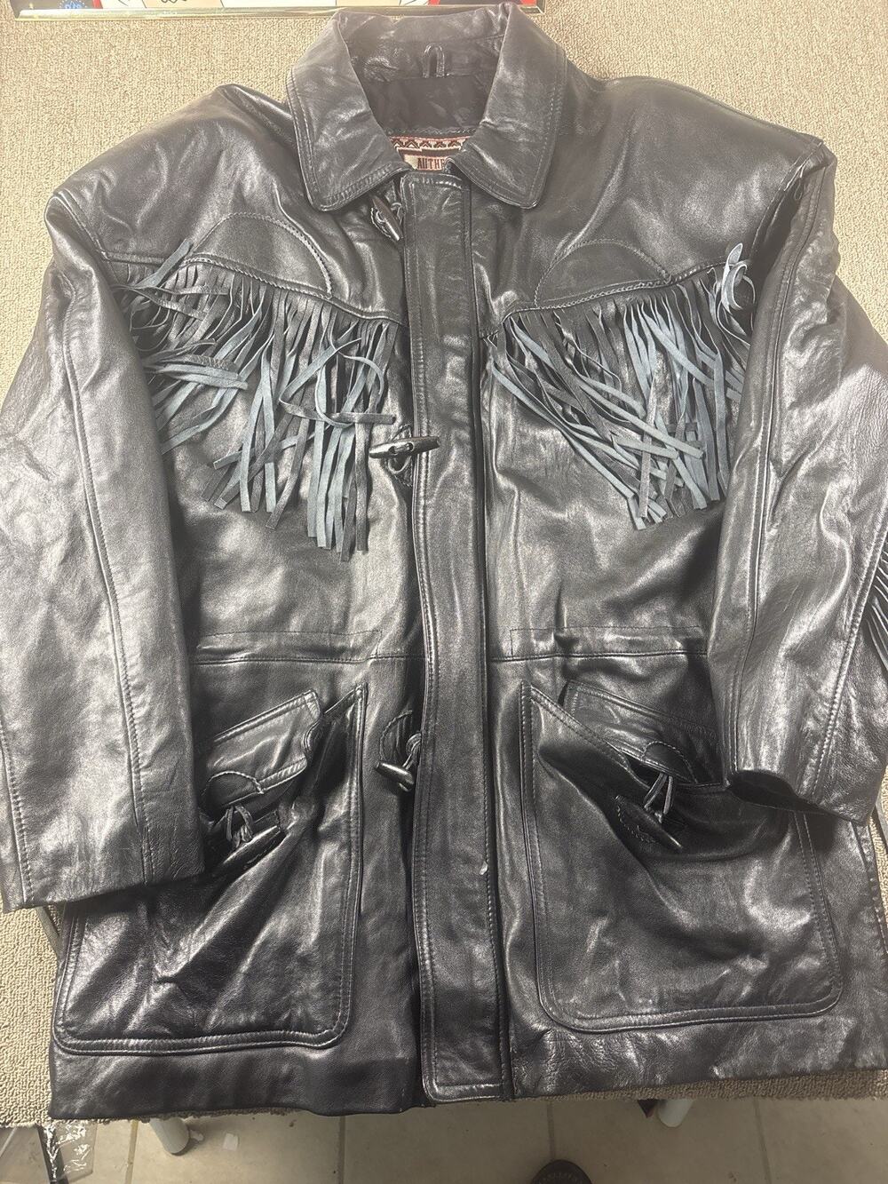 Winlit Leather Fringe Jacket Men’s XL Western Biker Black Genuine Leather